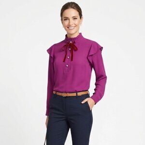 *Purple Ruffle Blouse Pearl Buttons Tie Neck Long Sleeve O/S Fits M